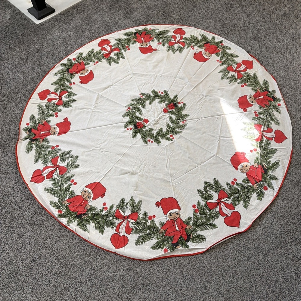 Large Round Christmas Tablecloth Or Tree Skirt With Pine Bows Elves 50" Diameter